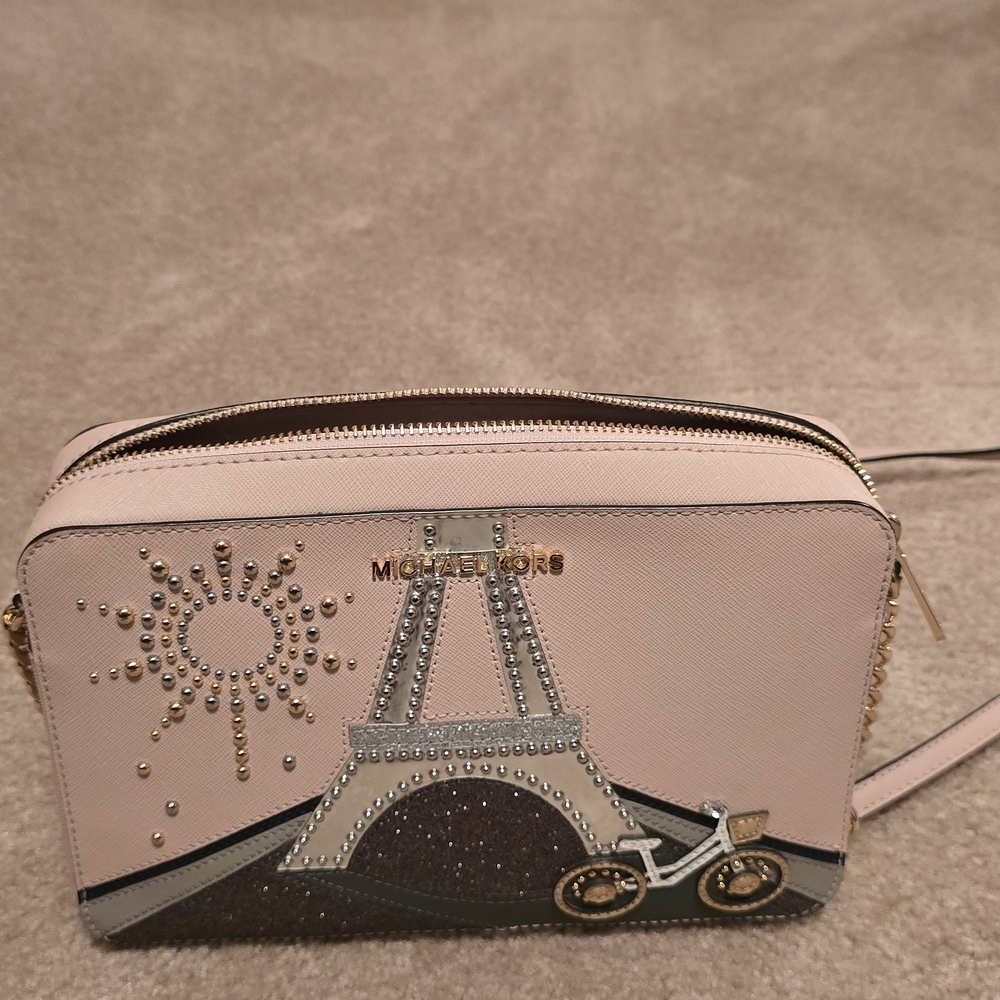 Michael Kors Pink Crossbody Bag with Eiffel Tower and Bicycle Design